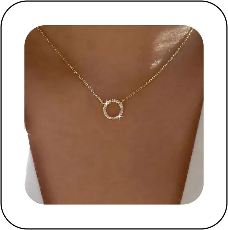 Vintage Crystal Circle Pendant Necklace Rhinestone Hoop Necklace Hollow Circle Choker Necklace Gold Cz Karma Circle Necklace Jewelry for Women