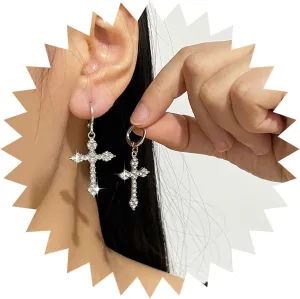 Vintage Crystal Cross Dangle Earrings Rhinestone Cross Drop Earrings Silver Sparkly Cz Cross Hoop Huggie Earrings Retro Cross Stud Earrings Jewelry for Women