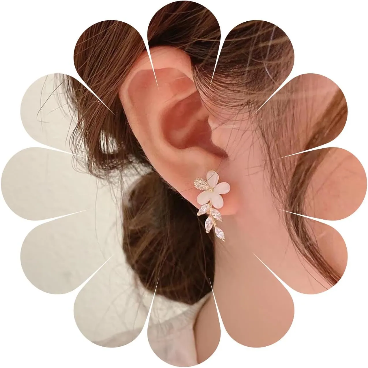 Vintage Crystal Flower Ear Climber Earrings Moonstone Flower Dangle Earrings Gold Cz Leaf Drop Earrings Rhinestone Leaf Stud Earrings Jewelry for Women