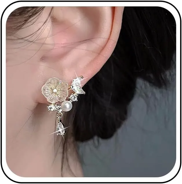 Vintage Crystal Flower Earrings Rhinestone Pearl Stud Earrings Gold Cz Teardrop Earrings Pearl Ear Climber Earrings Crystal Curved Earrings Jewelry for Women (Gold)