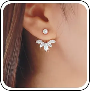 Vintage Crystal Lotus Ear Jacket Earrings Rhinestone Lotus Stud Earrings Gold Cz Lotus Ear Climber Earrings Crystal Curved Earrings for Women