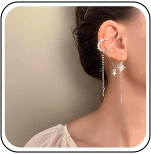 Vintage Crystal Moon Ear Cuff Earrings North Star Chain Cuff Earrings Gold Cz Moon Cuff Earrings Crystal Chain Threader Earrings Jewelry for Women