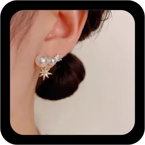 Vintage Crystal Pearl Ear Climber Earrings Rhinestone Northstar Stud Gold Curved Warp Jewelry for Women