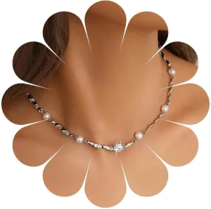 Vintage Crystal Pearl Necklace Boho Pearl Choker Necklace Crystal Dot Choker Necklace Rhinestone Pearl Necklace Silver Spiral Chain Necklace for Women