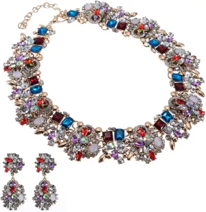 Vintage Crystal Rhinestone Statement Choker Bib Statement Necklace Earring Fashion Costume Jewelry Set for Women