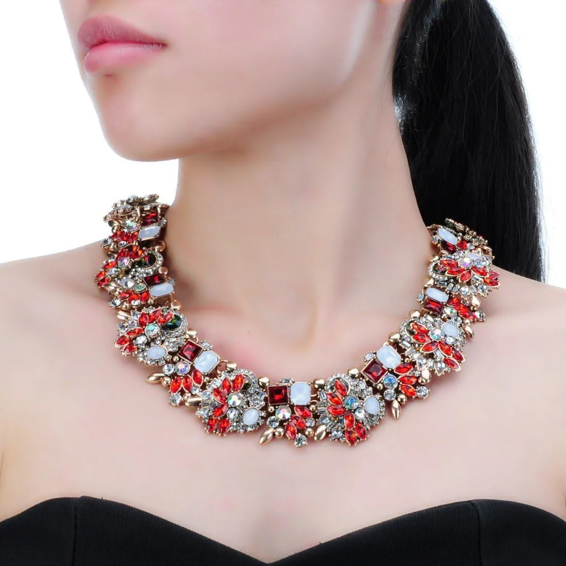 Vintage Crystal Rhinestone Statement Choker Bib Statement Necklace Earring Fashion Costume Jewelry Set for Women