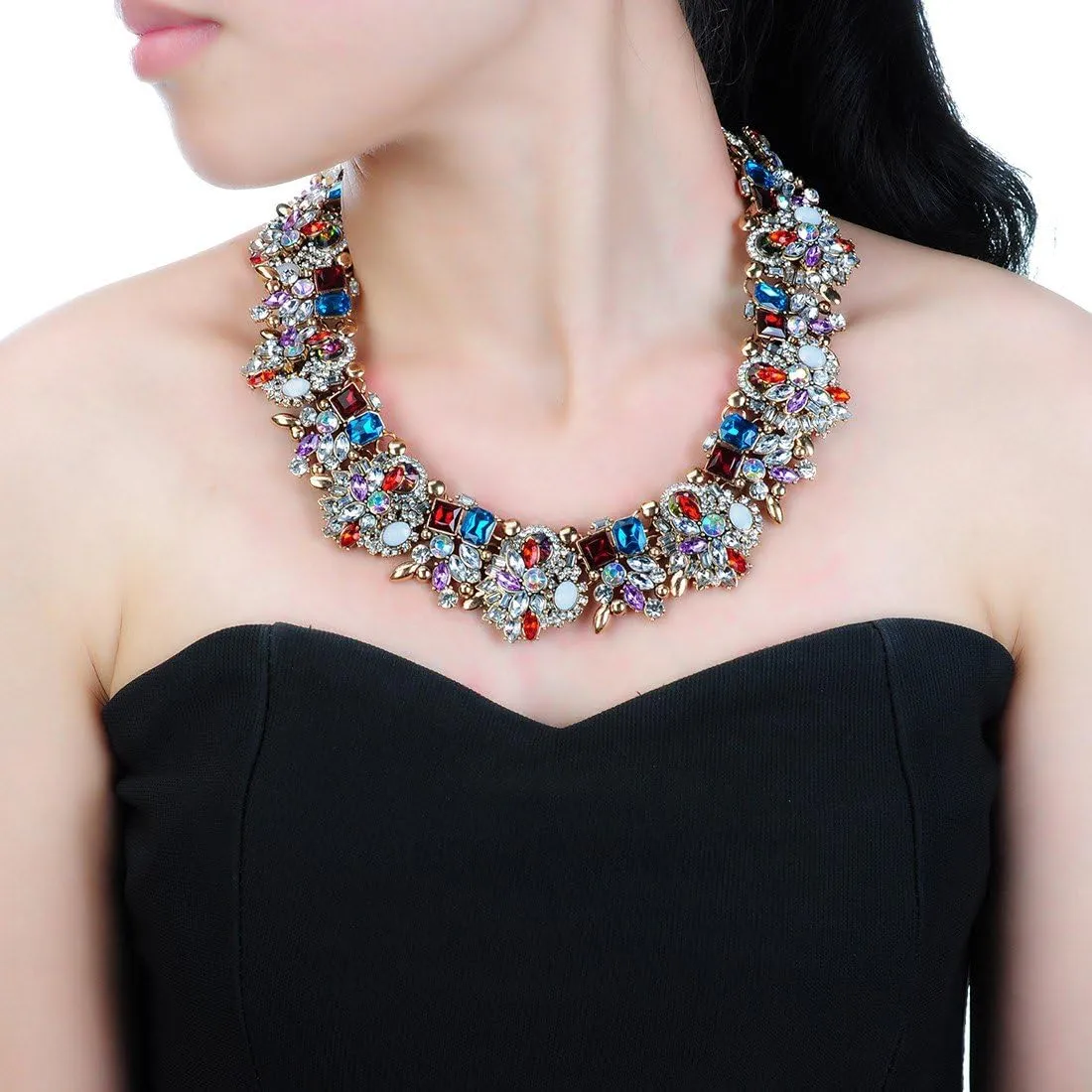 Vintage Crystal Rhinestone Statement Choker Bib Statement Necklace Earring Fashion Costume Jewelry Set for Women