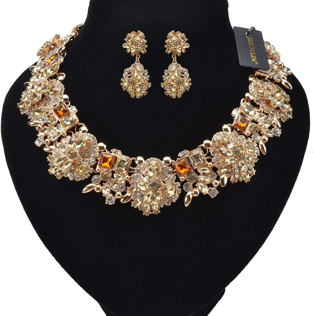 Vintage Crystal Rhinestone Statement Choker Bib Statement Necklace Earring Fashion Costume Jewelry Set for Women