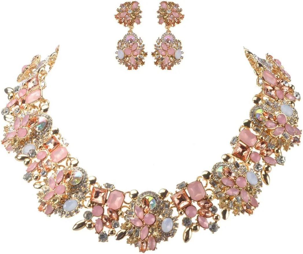 Vintage Crystal Rhinestone Statement Choker Bib Statement Necklace Earring Fashion Costume Jewelry Set for Women