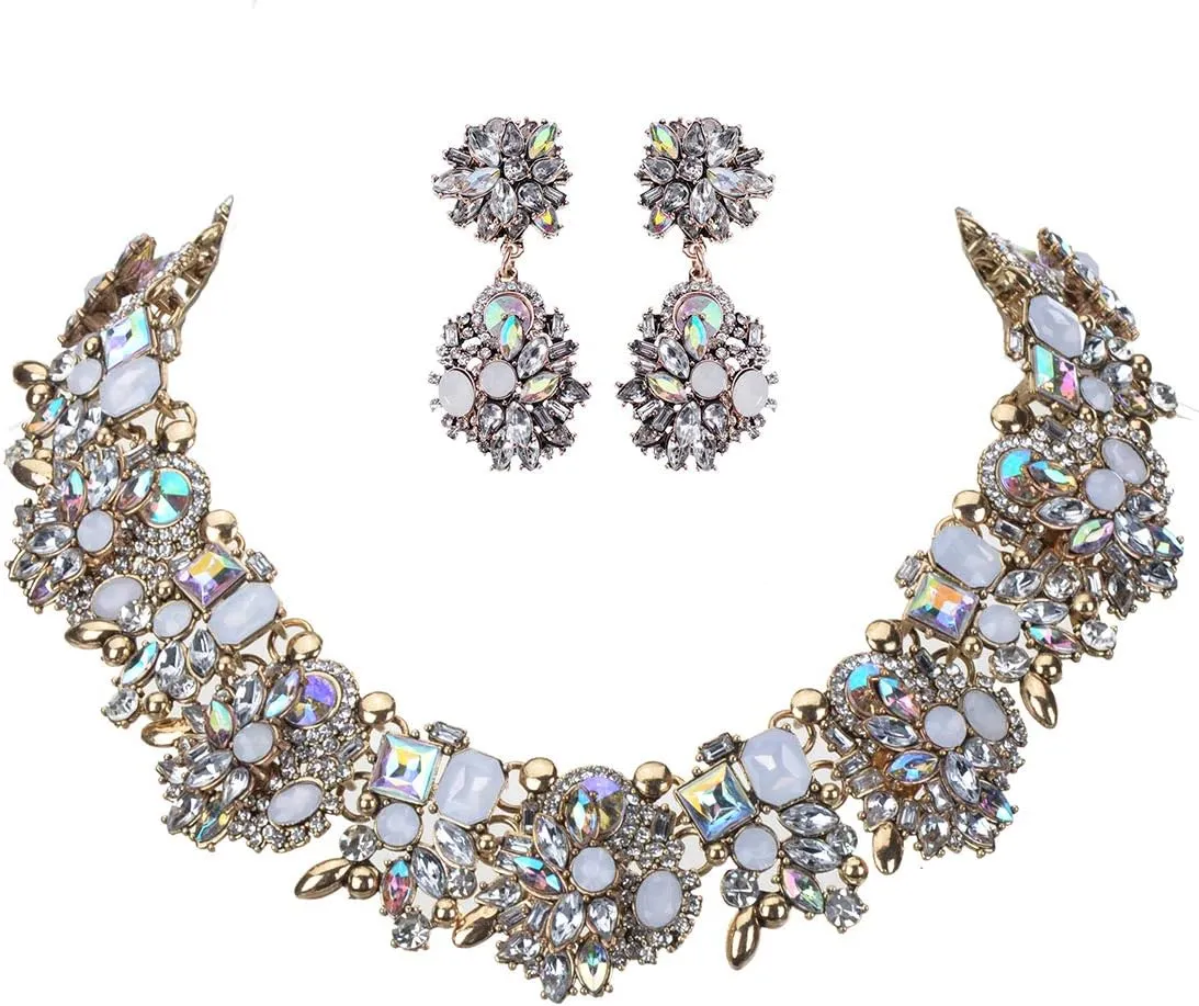 Vintage Crystal Rhinestone Statement Choker Bib Statement Necklace Earring Fashion Costume Jewelry Set for Women