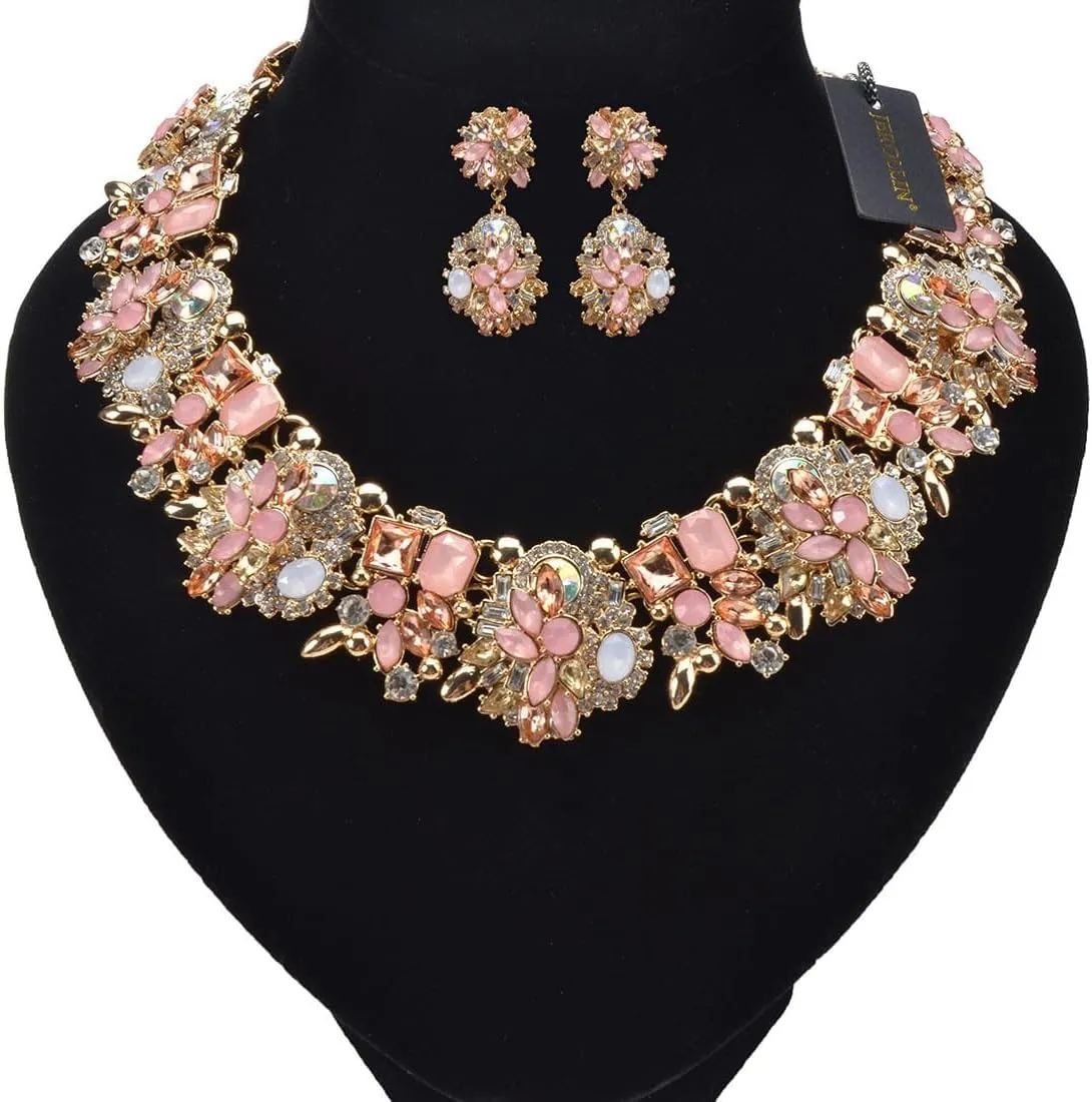 Vintage Crystal Rhinestone Statement Choker Bib Statement Necklace Earring Fashion Costume Jewelry Set for Women