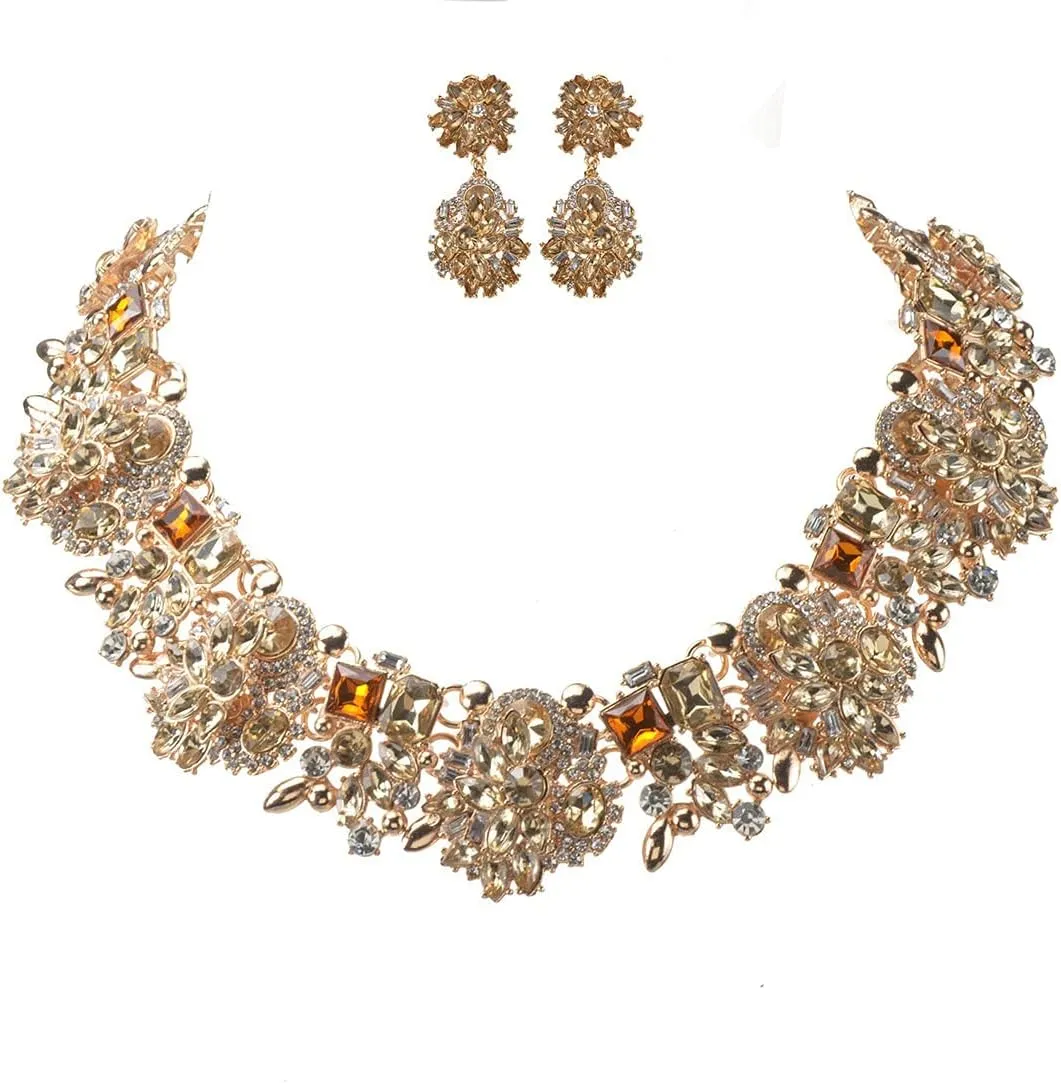 Vintage Crystal Rhinestone Statement Choker Bib Statement Necklace Earring Fashion Costume Jewelry Set for Women