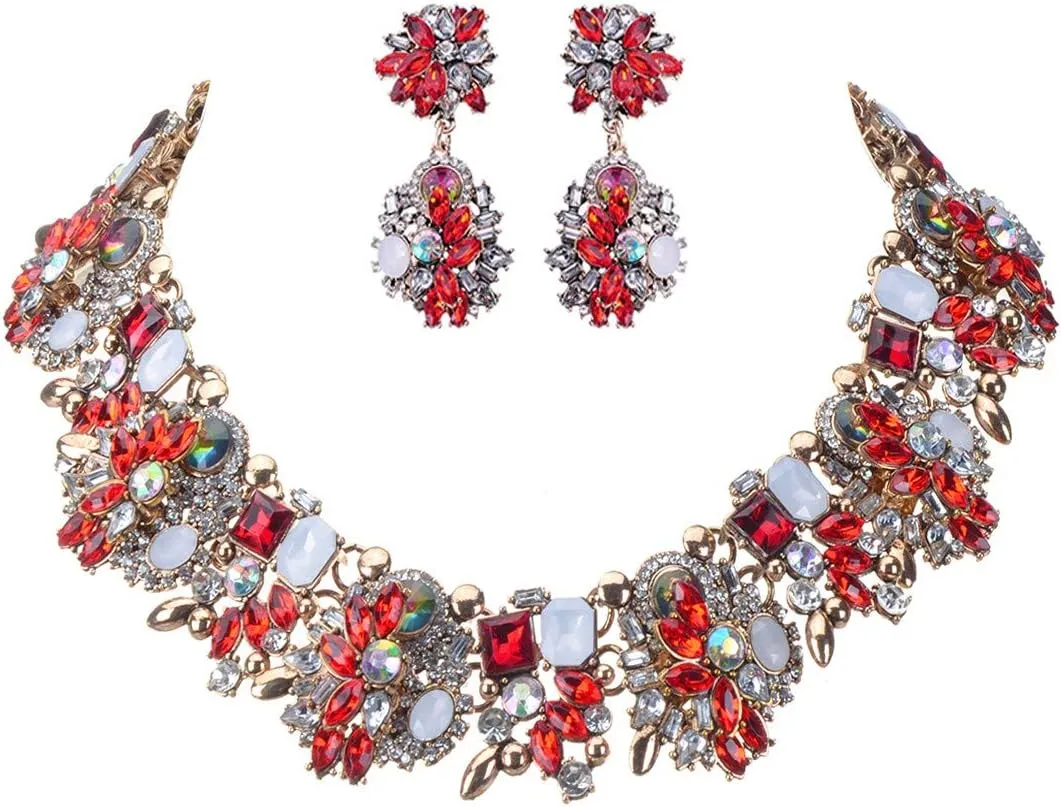 Vintage Crystal Rhinestone Statement Choker Bib Statement Necklace Earring Fashion Costume Jewelry Set for Women
