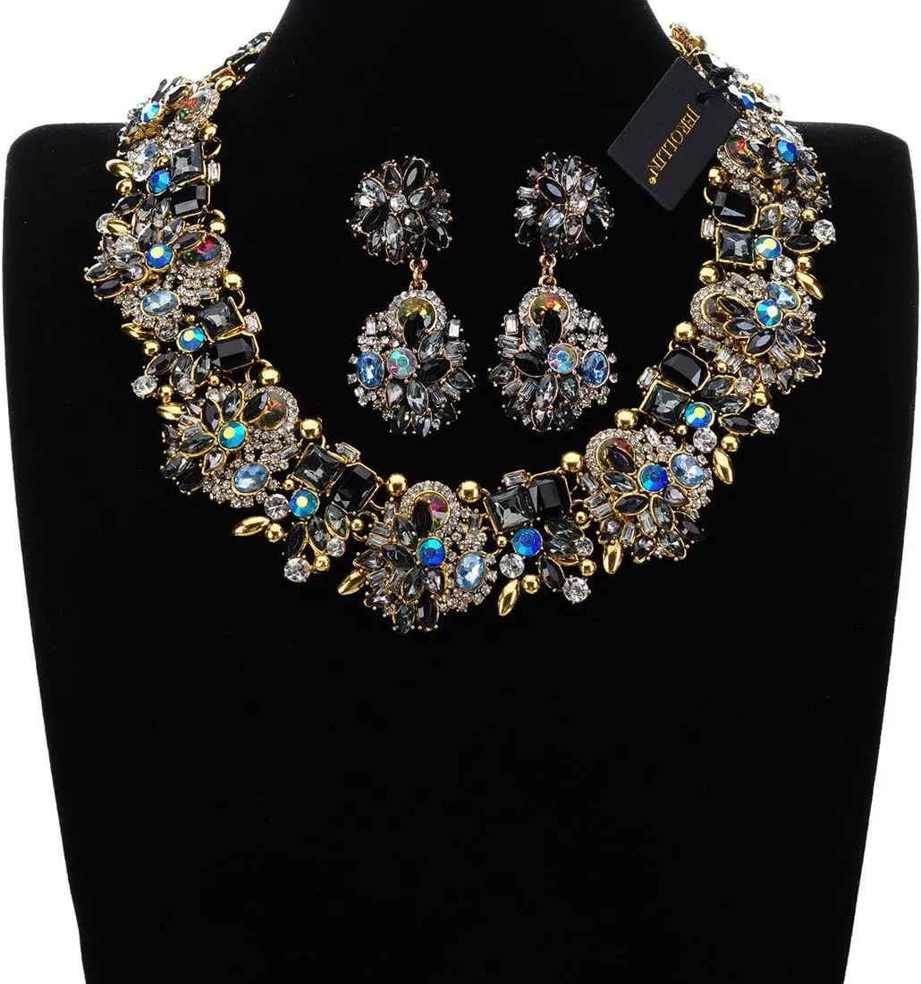 Vintage Crystal Rhinestone Statement Choker Bib Statement Necklace Earring Fashion Costume Jewelry Set for Women