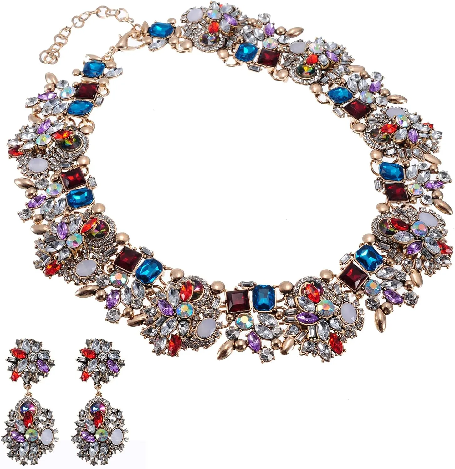 Vintage Crystal Rhinestone Statement Choker Bib Statement Necklace Earring Fashion Costume Jewelry Set for Women