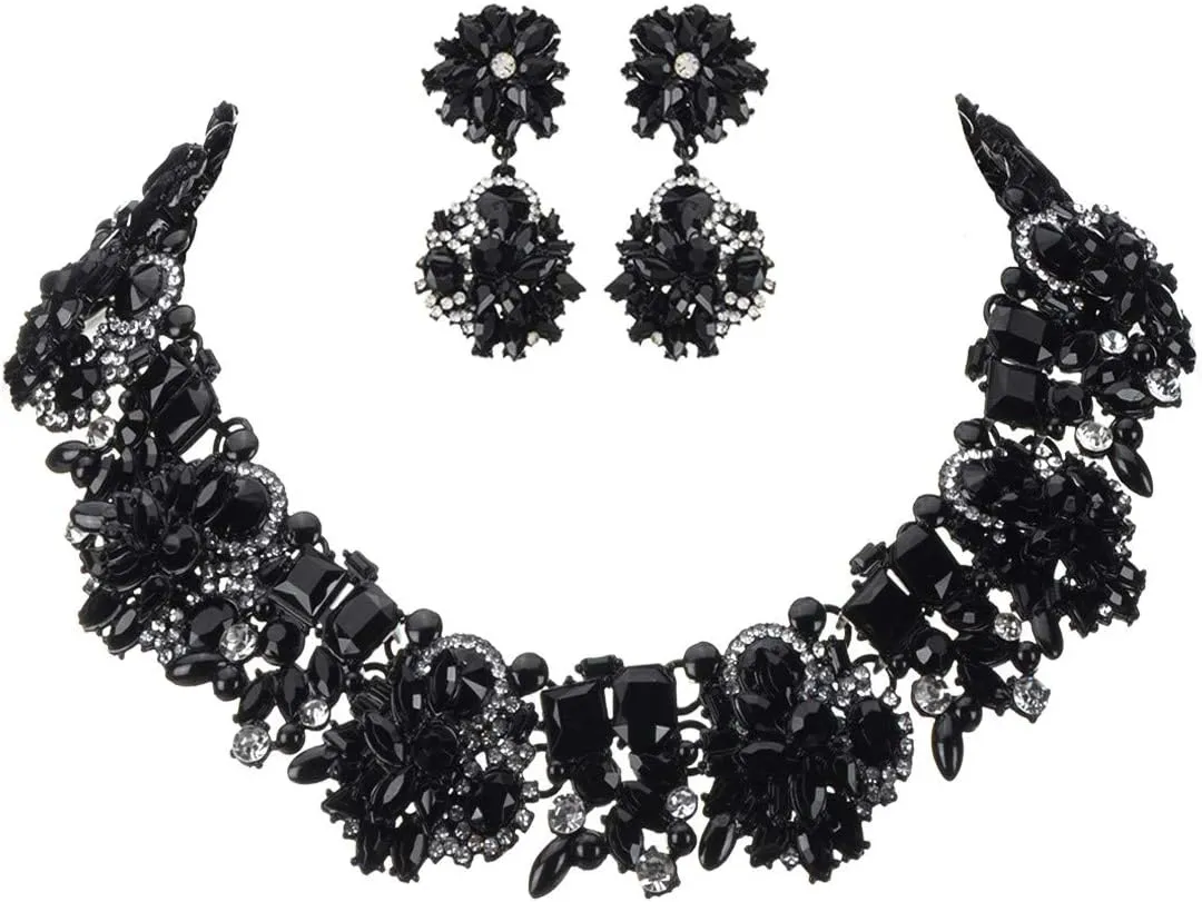 Vintage Crystal Rhinestone Statement Choker Bib Statement Necklace Earring Fashion Costume Jewelry Set for Women