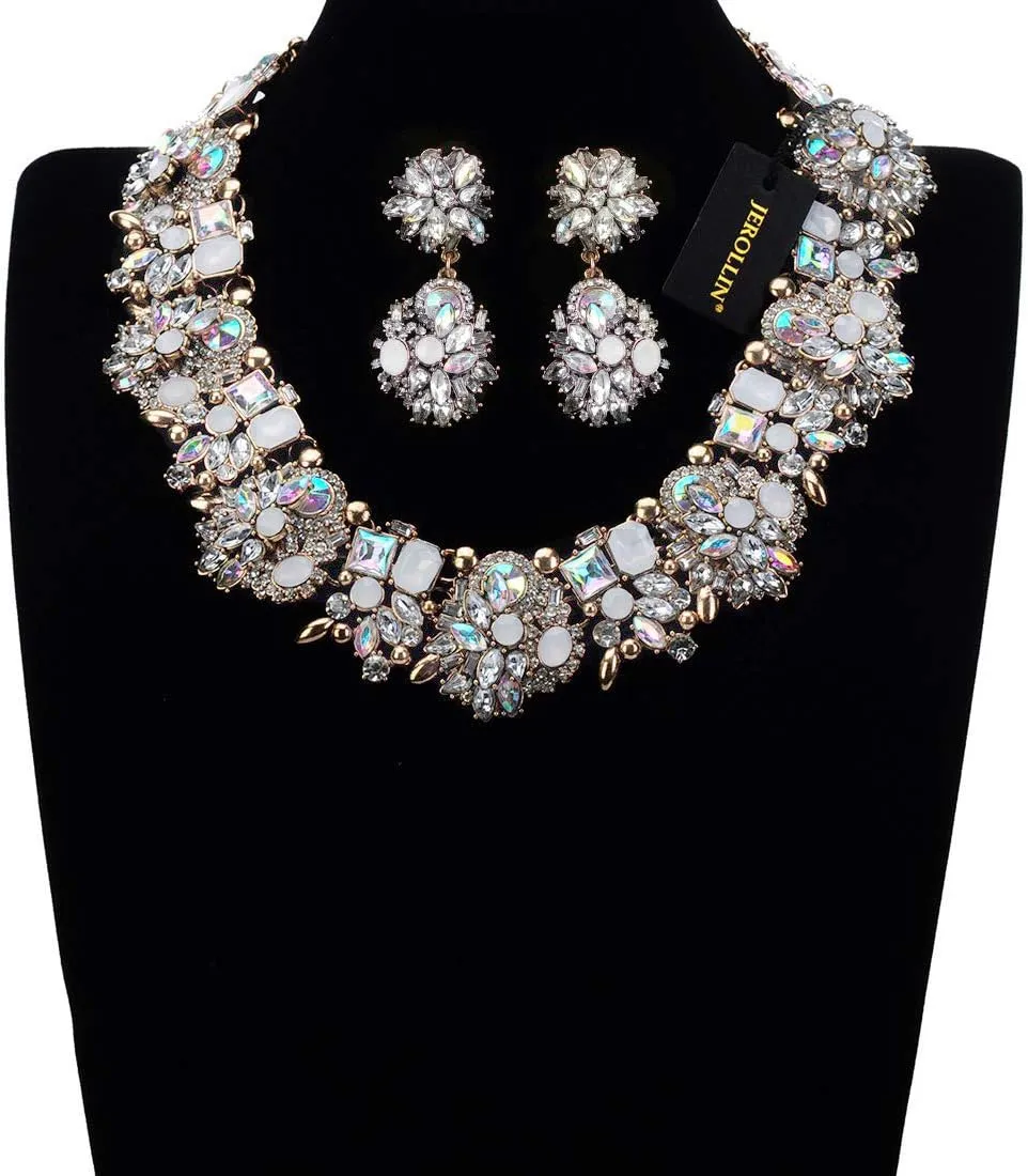 Vintage Crystal Rhinestone Statement Choker Bib Statement Necklace Earring Fashion Costume Jewelry Set for Women
