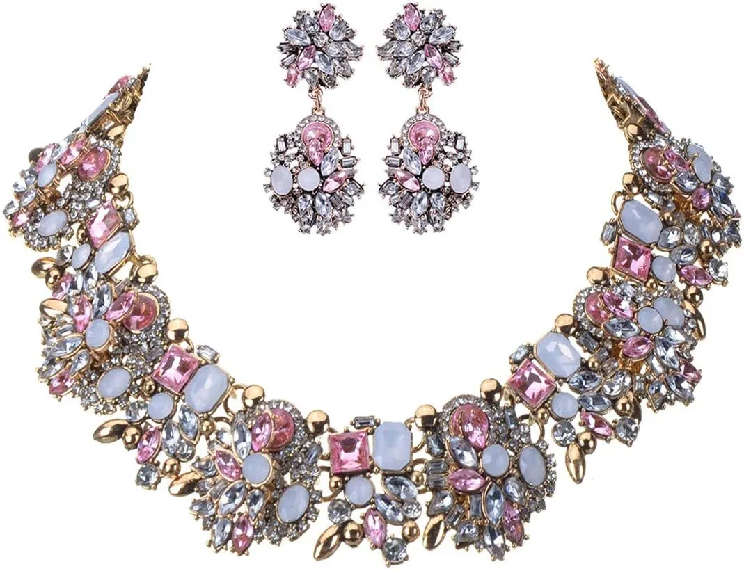 Vintage Crystal Rhinestone Statement Choker Bib Statement Necklace Earring Fashion Costume Jewelry Set for Women