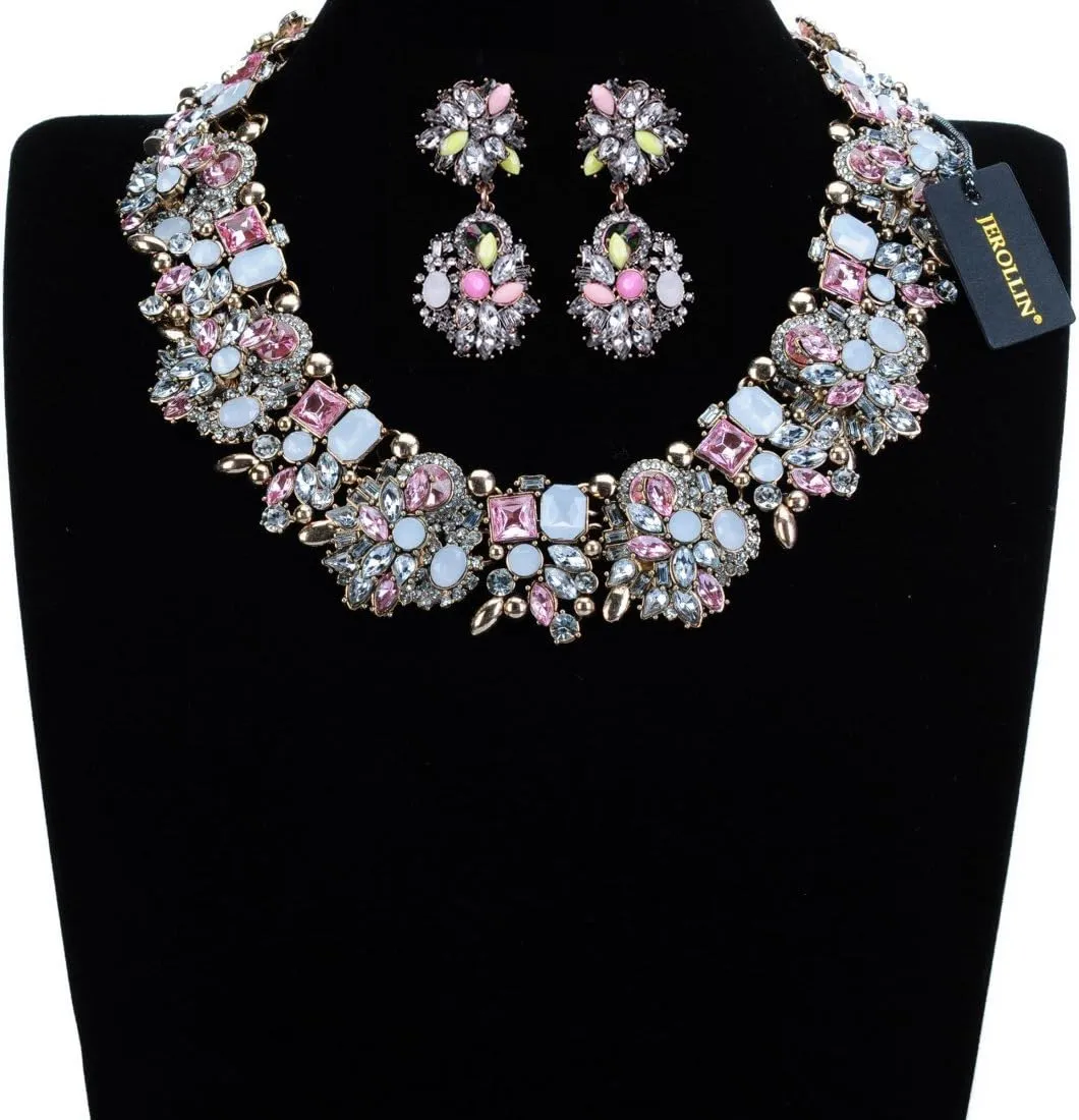 Vintage Crystal Rhinestone Statement Choker Bib Statement Necklace Earring Fashion Costume Jewelry Set for Women