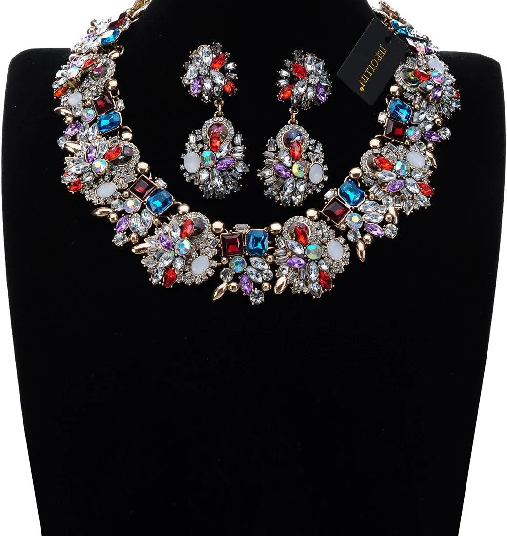 Vintage Crystal Rhinestone Statement Choker Bib Statement Necklace Earring Fashion Costume Jewelry Set for Women