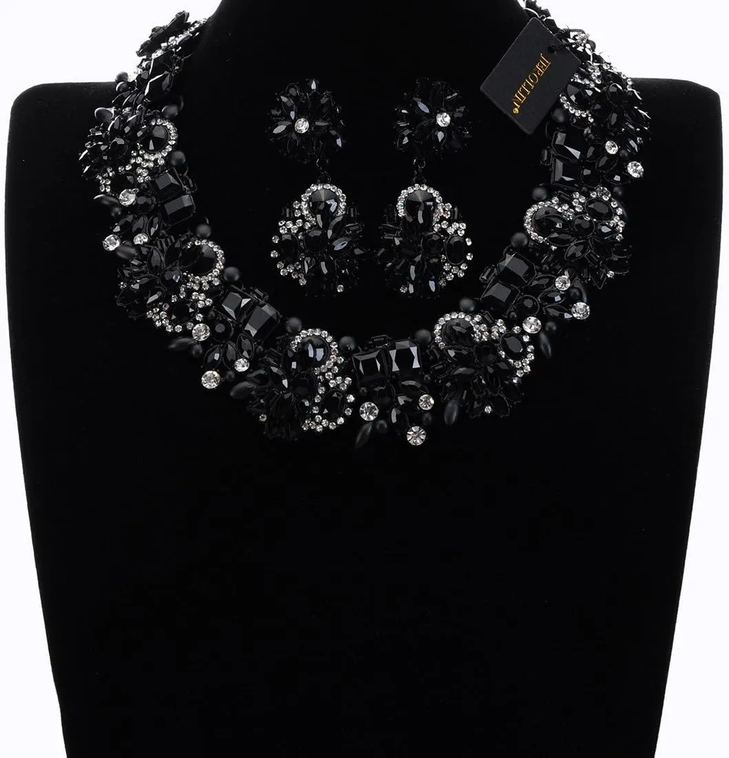 Vintage Crystal Rhinestone Statement Choker Bib Statement Necklace Earring Fashion Costume Jewelry Set for Women