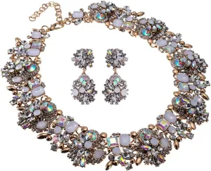Vintage Crystal Rhinestone Statement Choker Bib Statement Necklace Earring Fashion Costume Jewelry Set for Women