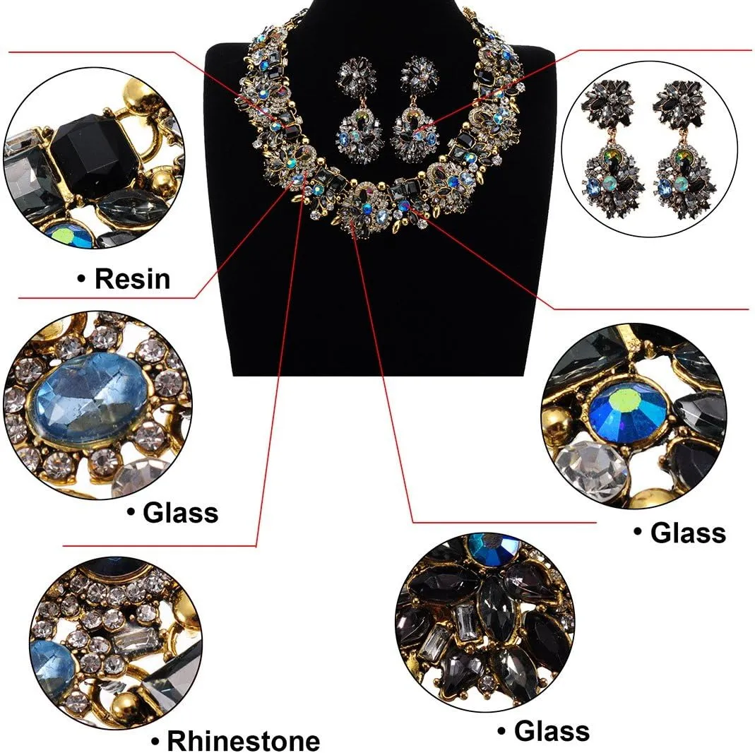 Vintage Crystal Rhinestone Statement Choker Bib Statement Necklace Earring Fashion Costume Jewelry Set for Women