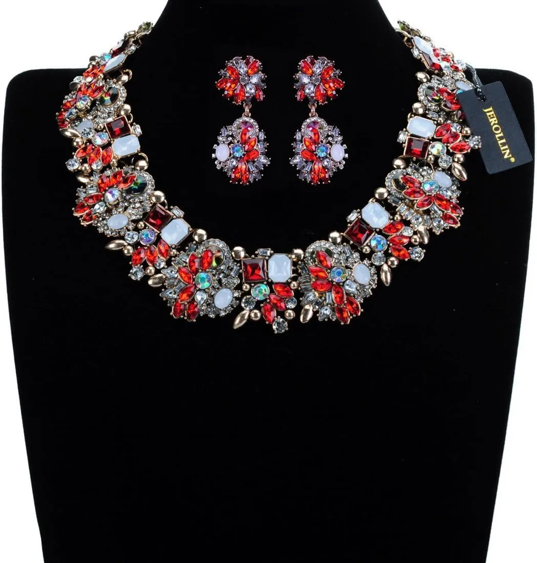 Vintage Crystal Rhinestone Statement Choker Bib Statement Necklace Earring Fashion Costume Jewelry Set for Women