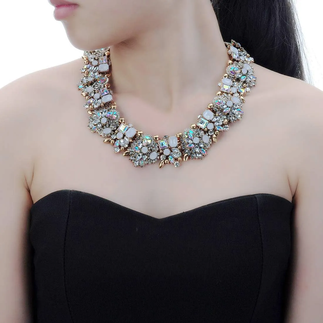Vintage Crystal Rhinestone Statement Choker Bib Statement Necklace Earring Fashion Costume Jewelry Set for Women