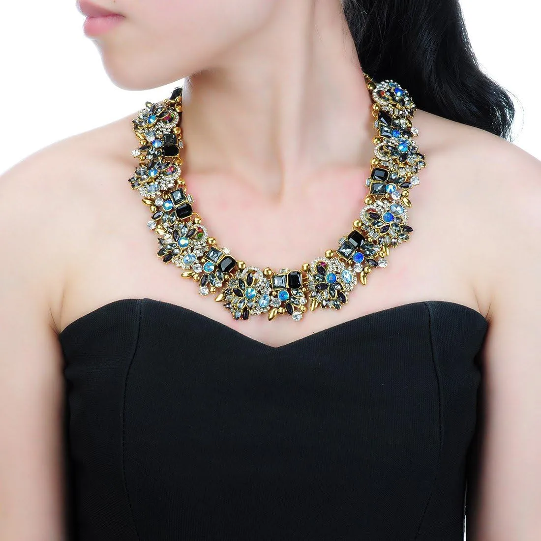 Vintage Crystal Rhinestone Statement Choker Bib Statement Necklace Earring Fashion Costume Jewelry Set for Women