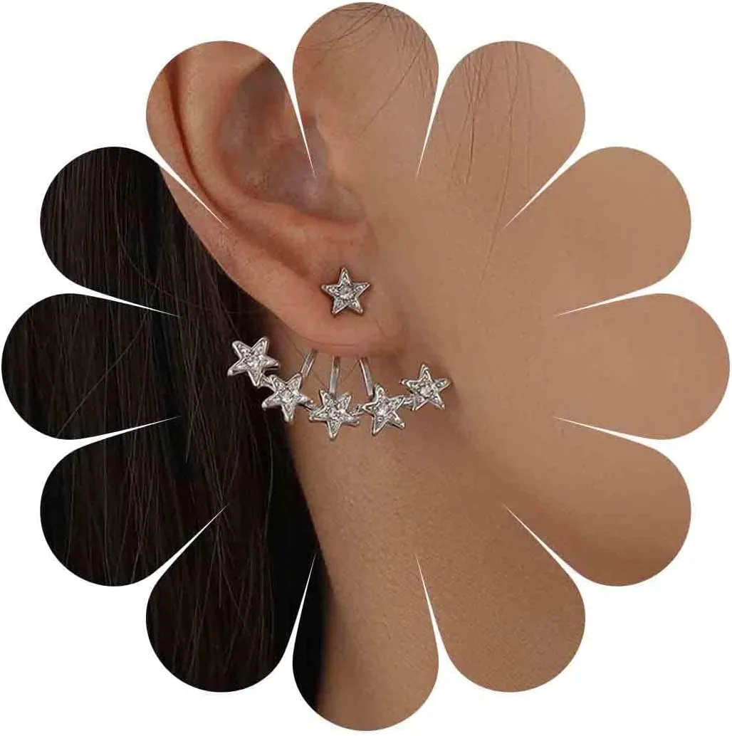 Vintage Crystal Star Ear Jacket Earrings Silver Cz Star Stud Earrings Rhinestone Star Ear Climber Earrings Sparkly Crystal Ear Jacket Earrings Jewelry for Women