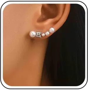 Vintage CZ Pearl Ear Climber Earrings Silver Crystal Pearl Stud Earrings Cubic Rhinestone Crawler Earrings cz Pearl Ear Crawler Earrings Jewelry for Women