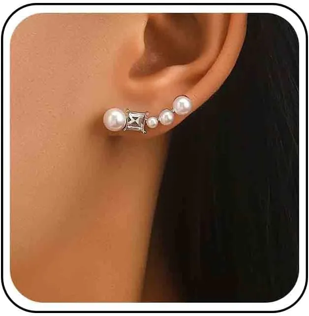 Vintage CZ Pearl Ear Climber Earrings Silver Crystal Pearl Stud Earrings Cubic Rhinestone Crawler Earrings cz Pearl Ear Crawler Earrings Jewelry for Women