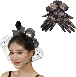 Vintage Fascinator Hat, Feathers Veil Mesh Headband with Hat Short Floral Lace Gloves for Women Wedding Bridal (Black)