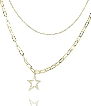 VINTAGE HAVANA Paperclip Chain Necklace For Women With Star Pendant 18K Gold Plated Fashion Jewelry Chain Link Necklace For Women Additional 2 Extender Included