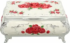 Vintage Jewelry Box, Rectangular Metal Decorative Storage, Handcrafted with Rhinestones, Embossed Dark Flower Design, Lined with Flannel for Protection, Ideal Ladies Gir Box(Medium silver wh