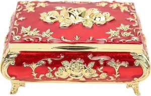Vintage Jewelry Box with Rose Relief Design, Resistant Zinc Alloy, Exquisite Craftsmanship, Jewelry Storage and Desktop Decoration Box(Golden red)