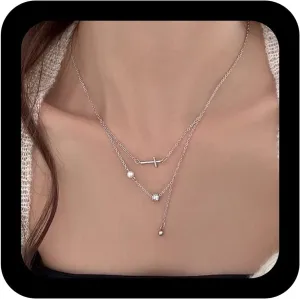 Vintage Layered Cross Pendant Necklace Rhinestone Crystal Choker Necklace Silver Ball Drop Y Necklace Retro Cross Chain Necklace Layering Cross Y lariat Necklace Jewelry for Women