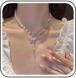Vintage Layered Crystal Butterfly Drop Y Necklace Silver Pearl Choker Necklace Long Chain Y Lariat Necklace Butterfly Tassel Chain Necklace Jewelry for Women