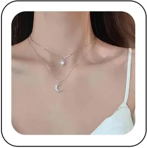 Vintage Layered Crystal Crescent Moon Necklace Rhinestone Moon Pendant Necklace Crystal Northstar Choker Necklace Silver Cz Moon Northstar Necklace Jewelry for Women