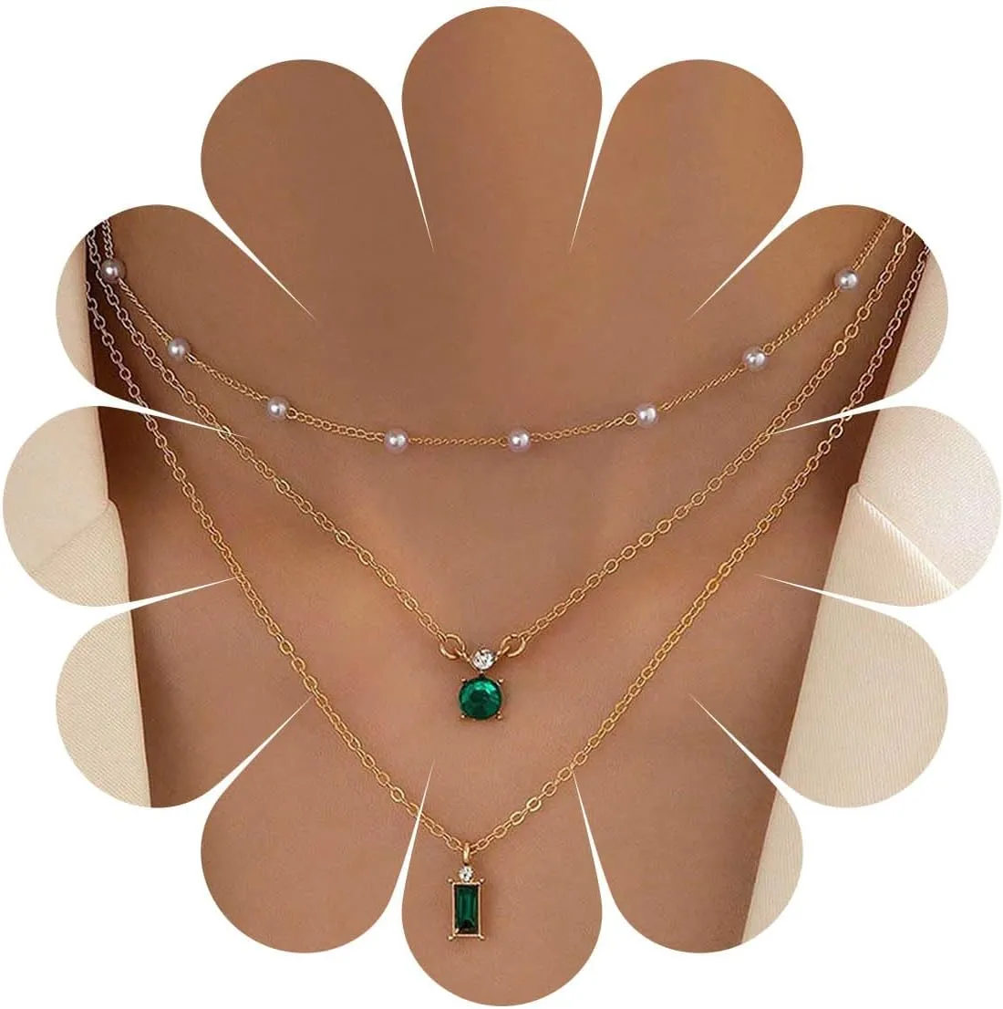 Vintage Layered Crystal Emerald Necklace Rhinestone Square Emerald Pendant Necklace Green Emerald Choker Necklace Gold Pearl Station Necklace Jewelry for Women