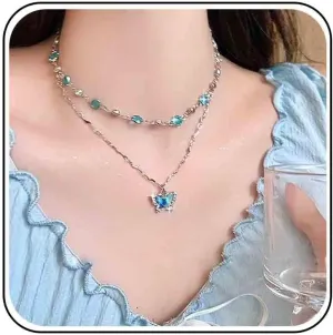 Vintage Layered Crystal Sapphire Butterfly Necklace Sapphirre Rhinestone Butterfly Choker Necklace Blue Crystal Chain Necklace Silver Cz Rhinestone Butterrfly Necklace for Women