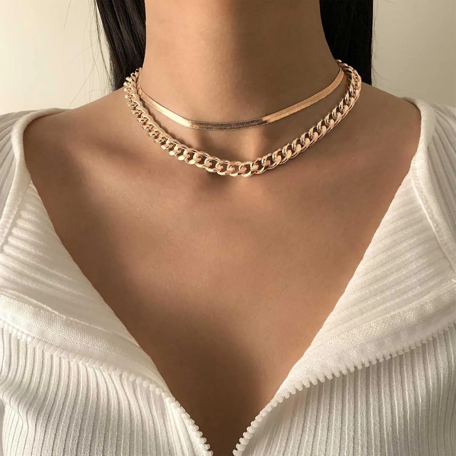 Vintage Layered Cuban Chain Choker Necklace Gold Chunky Curb Chain Necklace Punk Snake Chain Necklace 90s Hip Hop Necklace Chain Jewelry for Women
