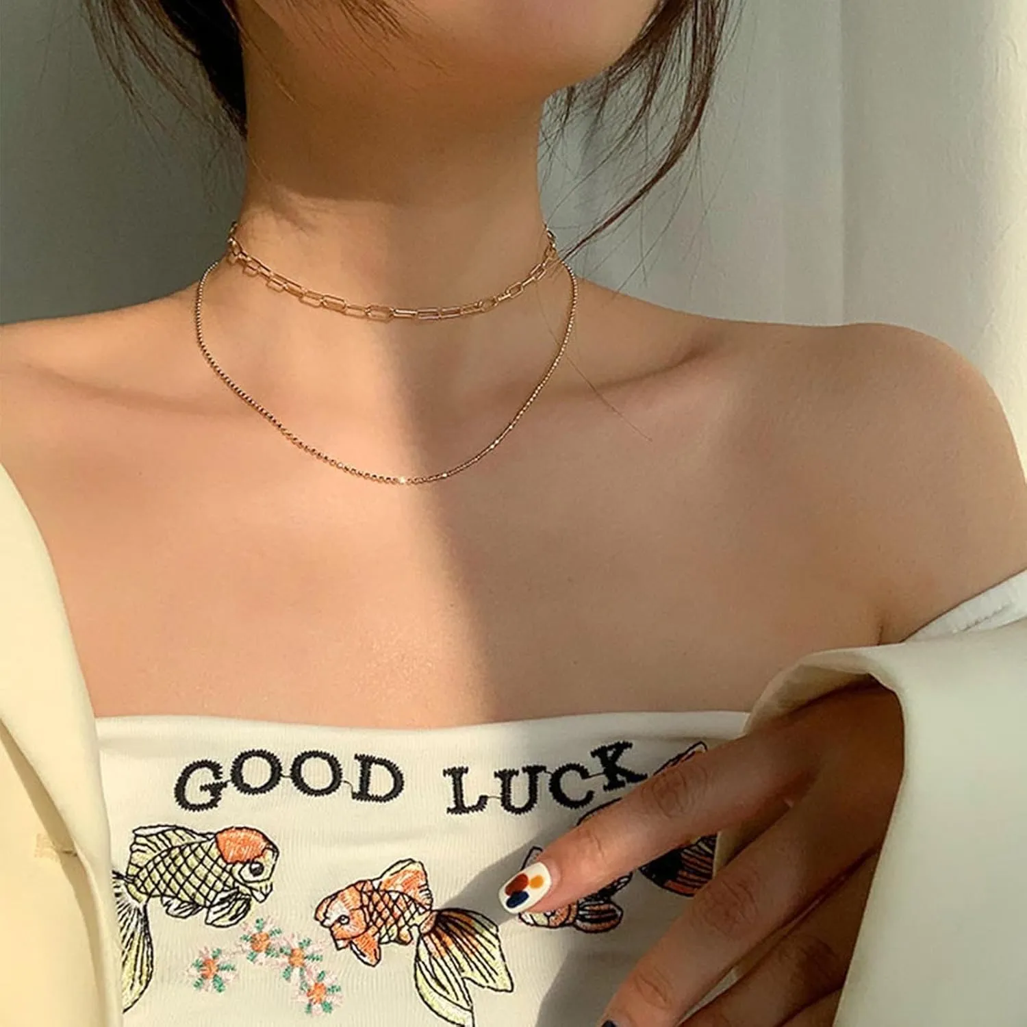 Vintage Layered Paperclip Chain Choker Necklace Gold Chunky Paper Chain Necklace Punk Oval Chain Necklace Thin Ball Chain Necklace Chain for Women