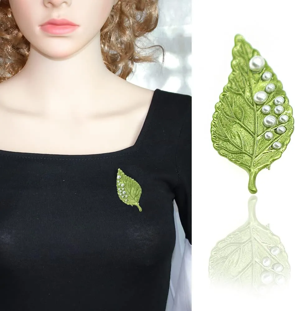 Vintage Pearl Leaves Brooches Green Enamel Paint Plant Flowers Statement Brooch Pins Fashion Jewelry Accessories for Women Girl Gift