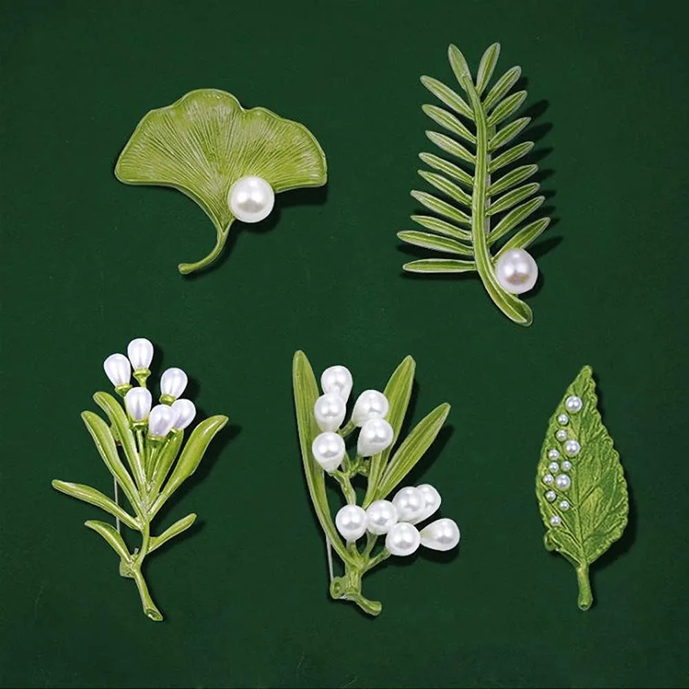 Vintage Pearl Leaves Brooches Green Enamel Paint Plant Flowers Statement Brooch Pins Fashion Jewelry Accessories for Women Girl Gift
