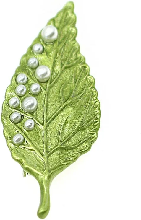 Vintage Pearl Leaves Brooches Green Enamel Paint Plant Flowers Statement Brooch Pins Fashion Jewelry Accessories for Women Girl Gift
