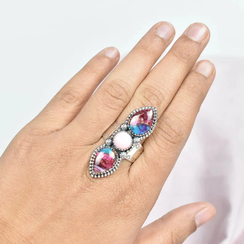 Vintage Pink Copper Turquoise & Pink Opal Three Stone Ring - 925 Sterling Silver Native American Rings