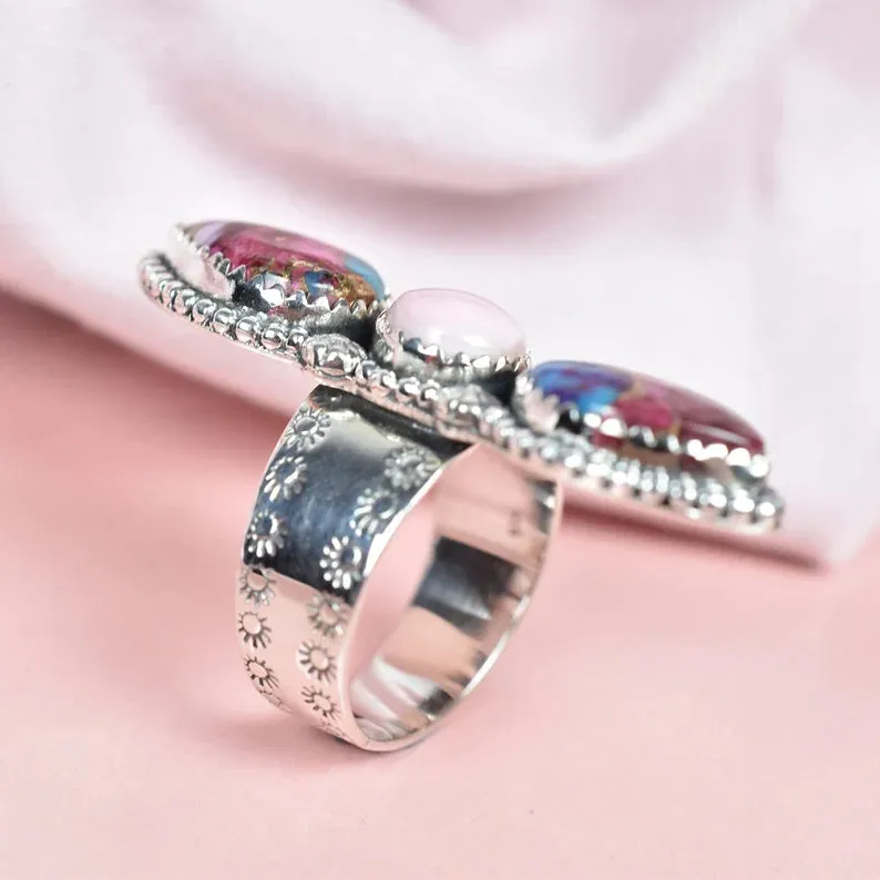 Vintage Pink Copper Turquoise & Pink Opal Three Stone Ring - 925 Sterling Silver Native American Rings