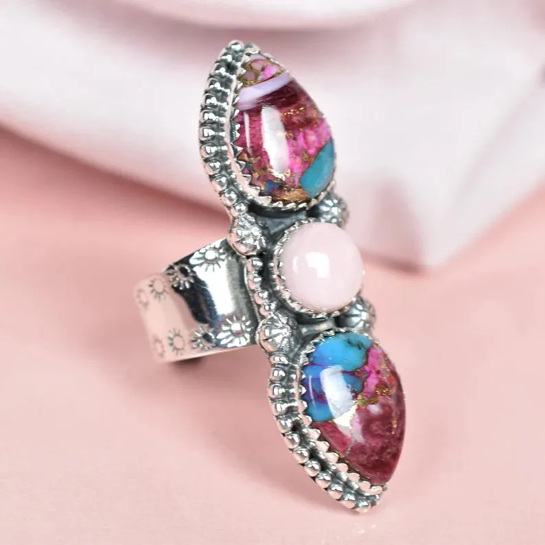 Vintage Pink Copper Turquoise & Pink Opal Three Stone Ring - 925 Sterling Silver Native American Rings